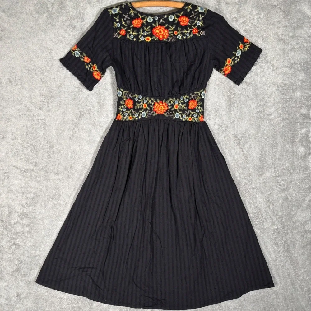 ROOLEE Black Floral Embroidered Cotton Button Front Midi Dress XXS NWT Cottage - Picture 2 of 14